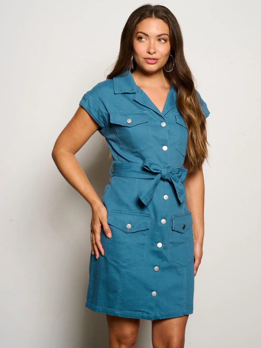 WOMEN'S SHORT SLEEVE BUTTON UP SELF TIE POCKETS MINI DRESS
