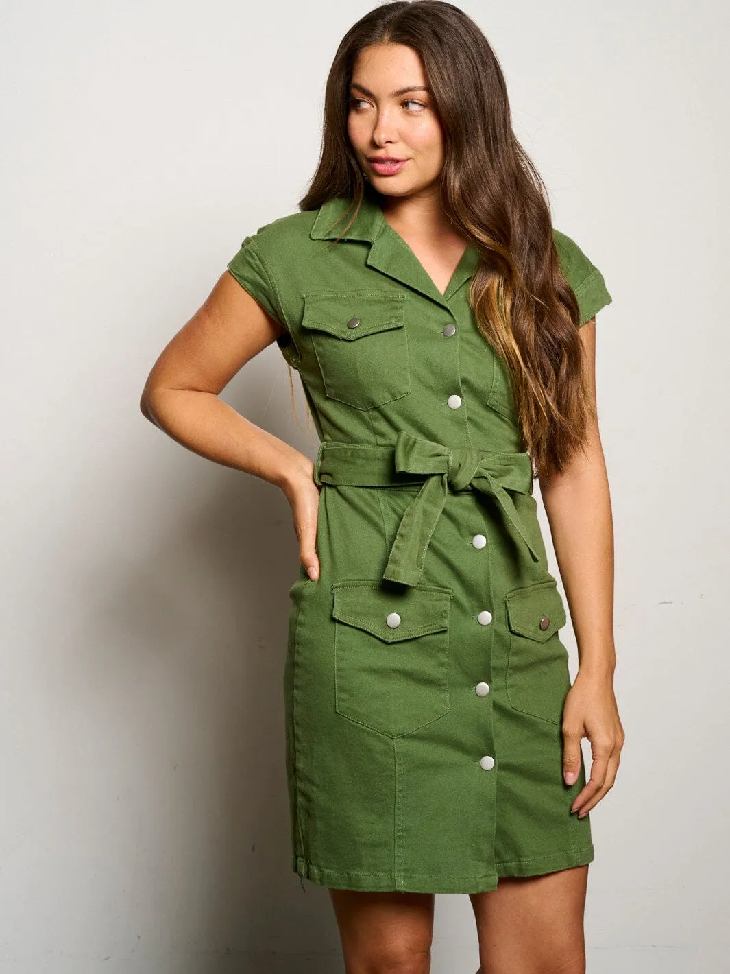 WOMEN'S SHORT SLEEVE BUTTON UP SELF TIE POCKETS MINI DRESS