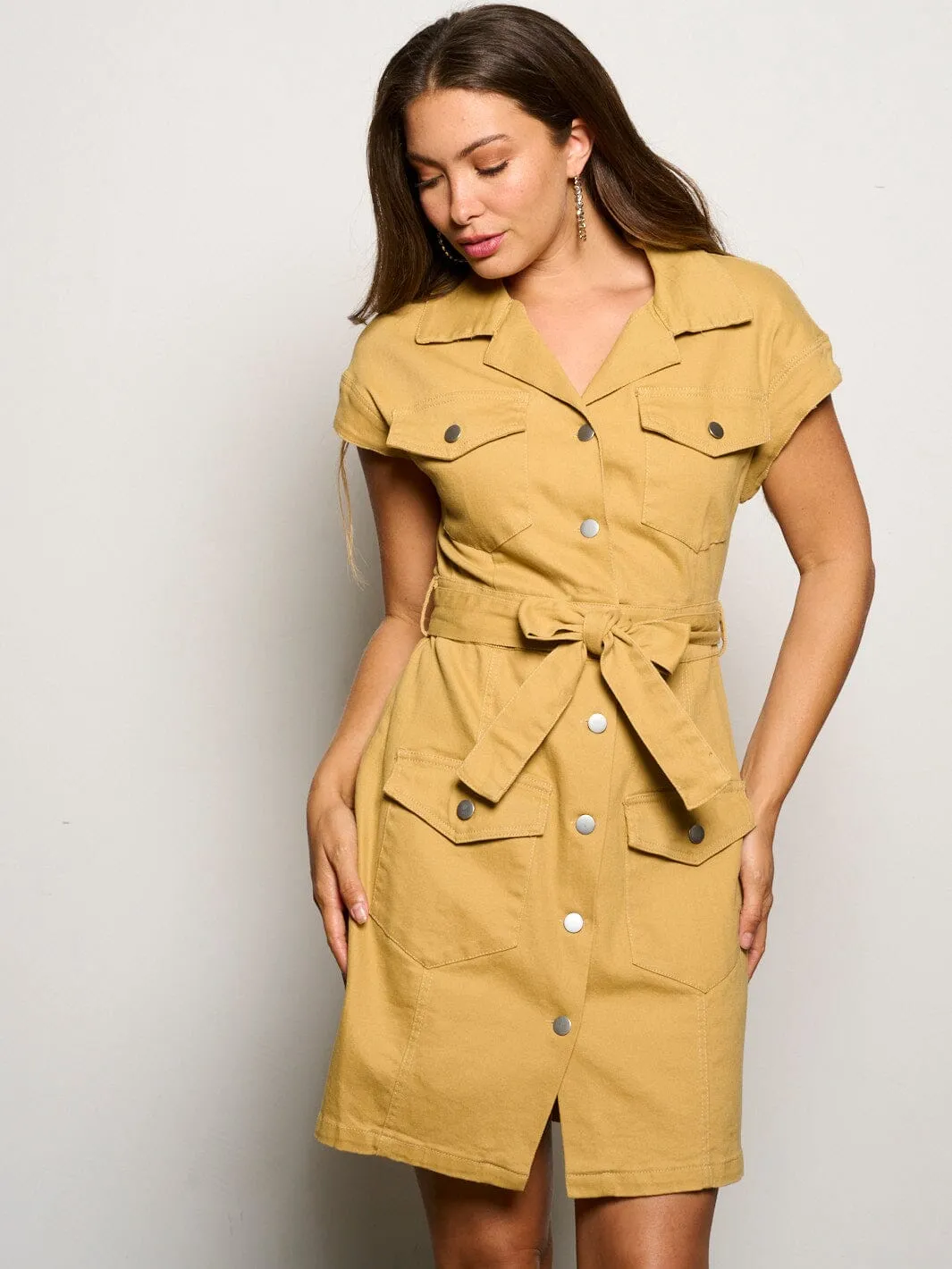 WOMEN'S SHORT SLEEVE BUTTON UP SELF TIE POCKETS MINI DRESS