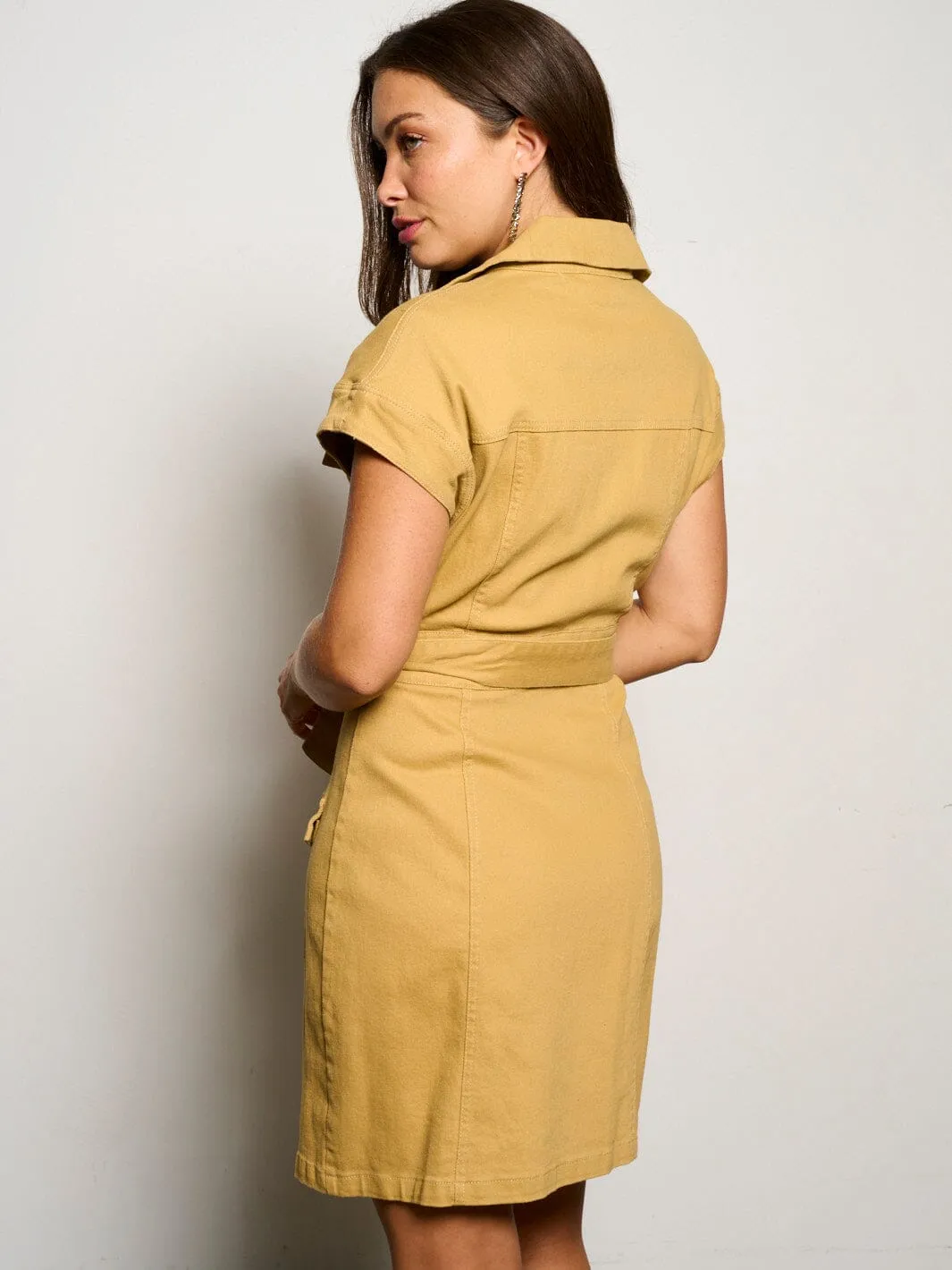 WOMEN'S SHORT SLEEVE BUTTON UP SELF TIE POCKETS MINI DRESS