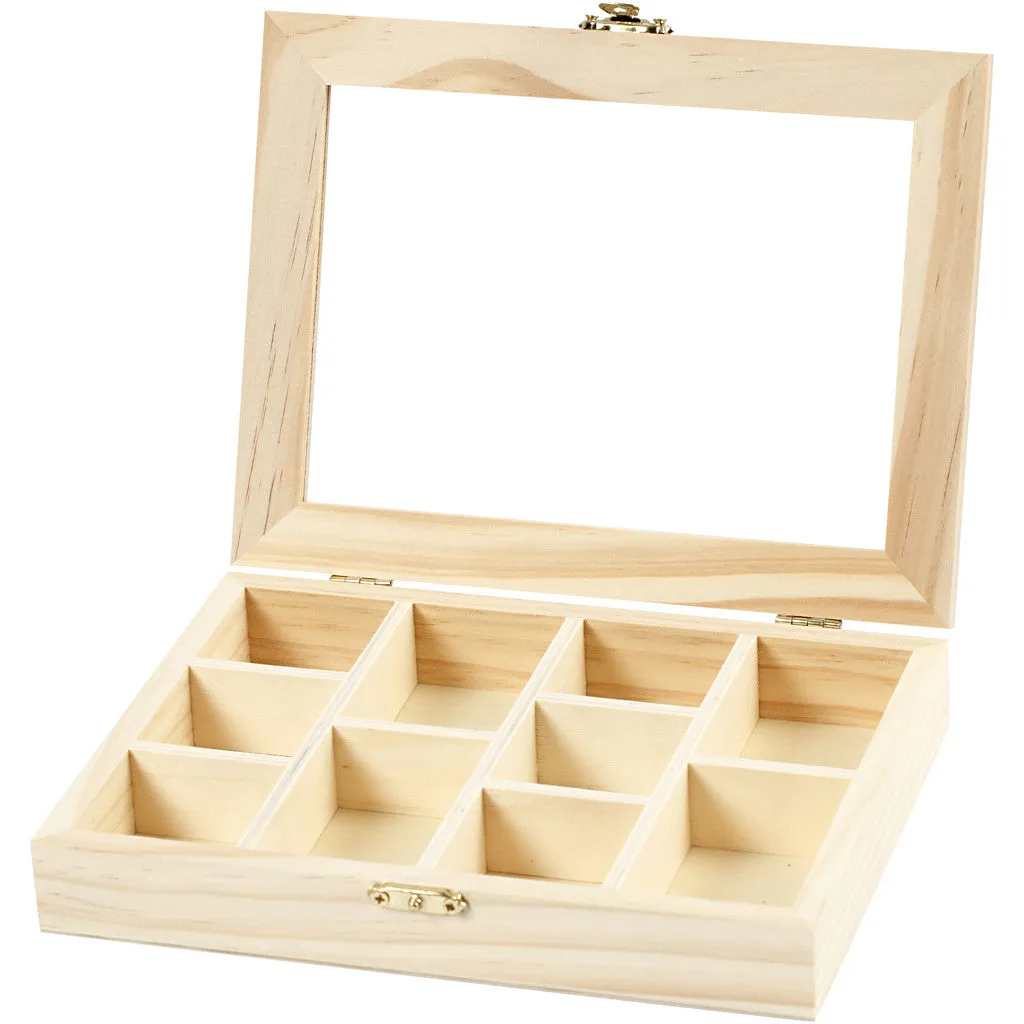 Wood Metal Clasp Storage Box With Glass Lid Decoration Crafts 15.5x20.5x3.5 cm