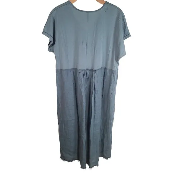 XCVI L Oslo Blue Linen Cotton Glennon V-Neck Casual Dress Tiny Flaw