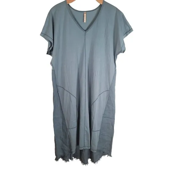 XCVI L Oslo Blue Linen Cotton Glennon V-Neck Casual Dress Tiny Flaw