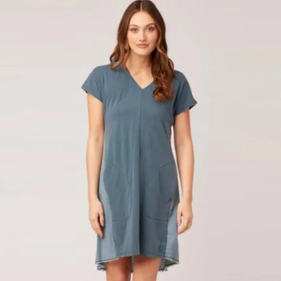 XCVI L Oslo Blue Linen Cotton Glennon V-Neck Casual Dress Tiny Flaw