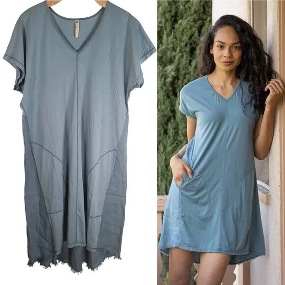 XCVI L Oslo Blue Linen Cotton Glennon V-Neck Casual Dress Tiny Flaw