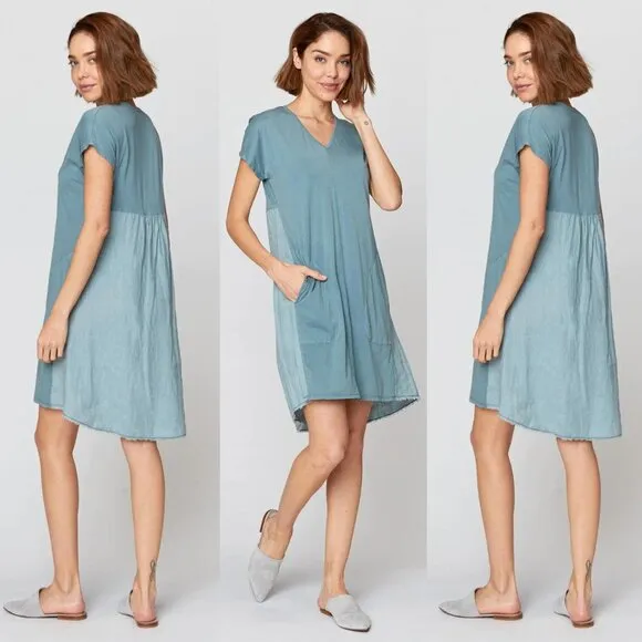 XCVI L Oslo Blue Linen Cotton Glennon V-Neck Casual Dress Tiny Flaw