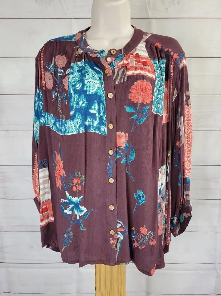 XXSMALL FLORAL A382633 Tolani Collection Button-Front Crinkle Gauze Printed Top