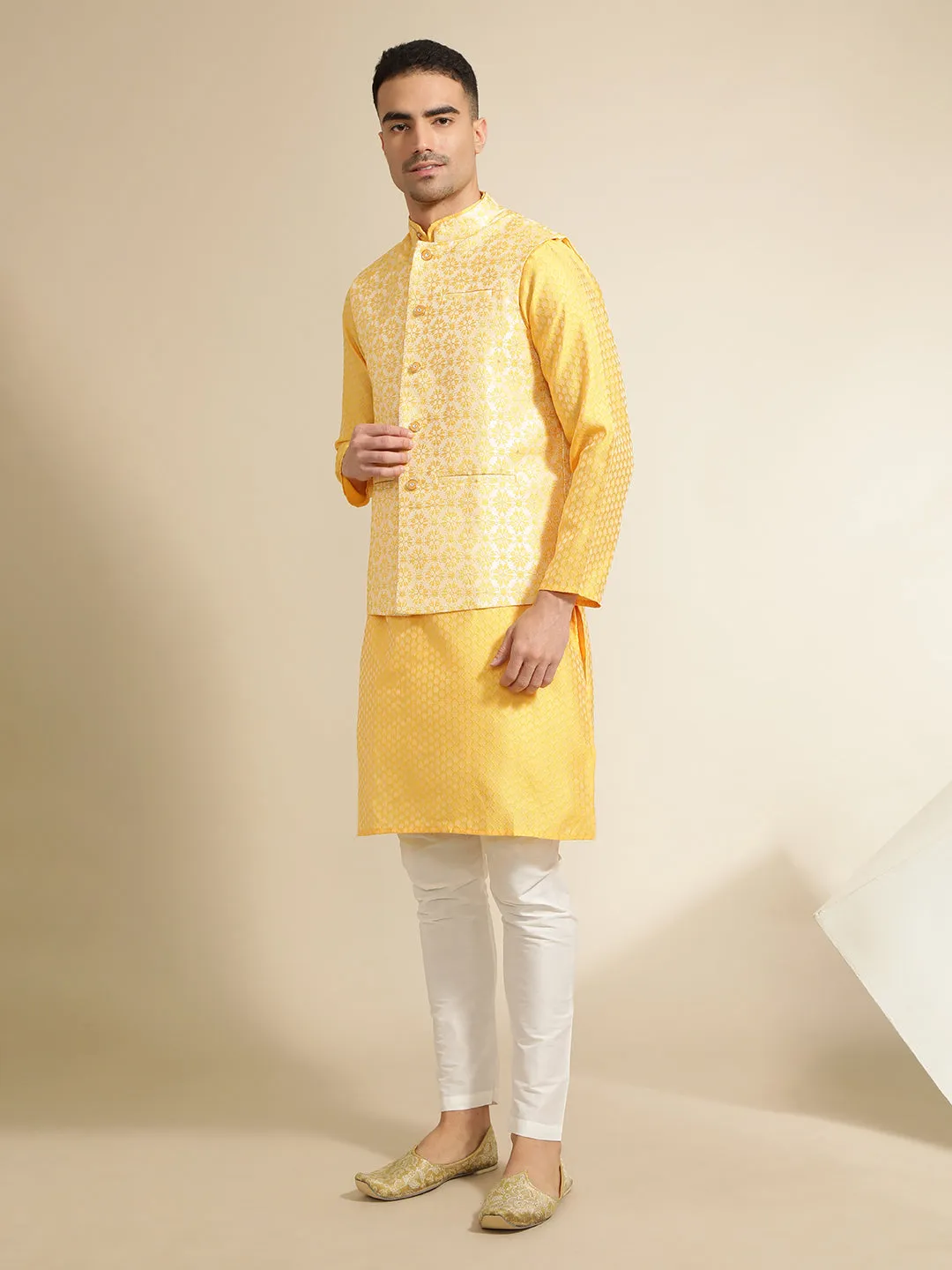 Yellow Silk Blend Kurta With Woven Design Nehru Jacket Set
