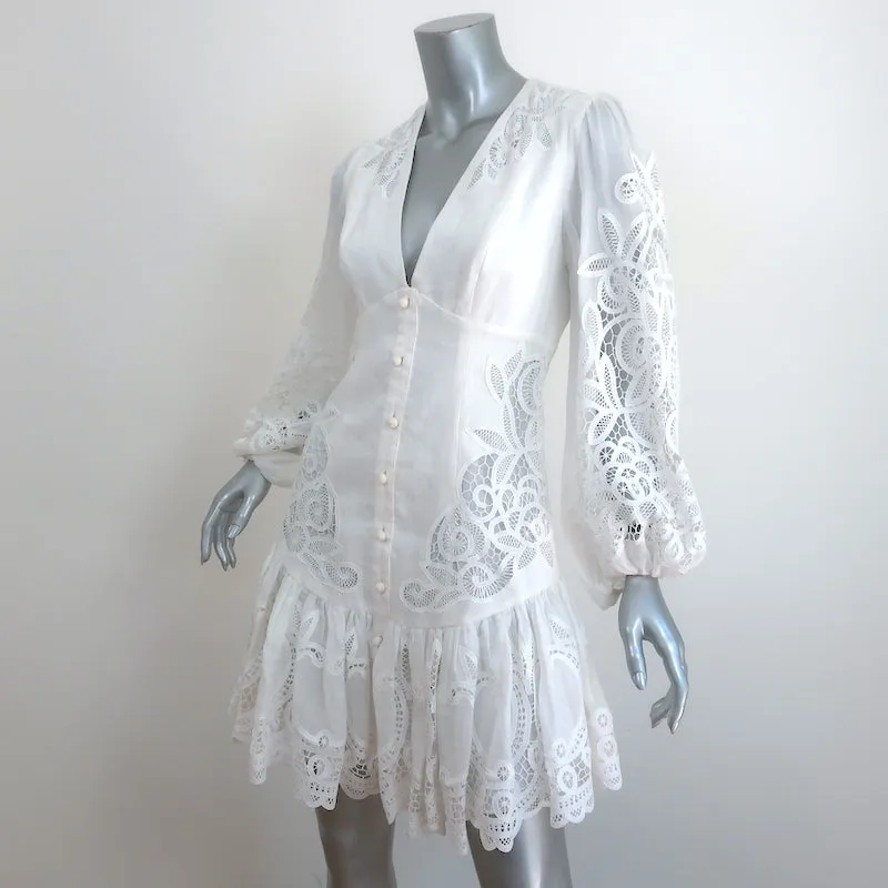 Zimmermann Long Sleeve Mini Dress Mae Ivory Guipure Lace-Trim Linen Size 1 NEW