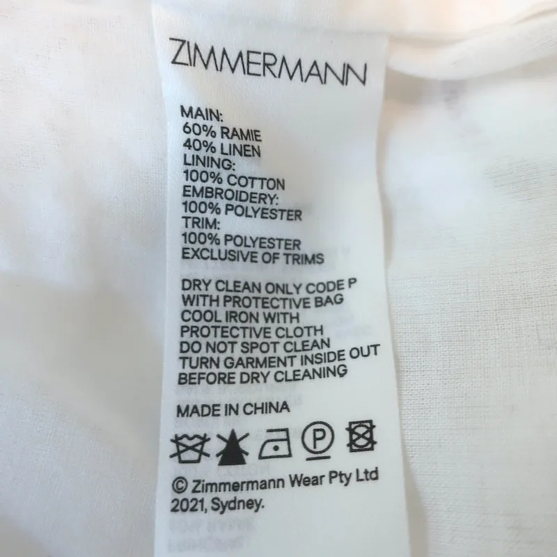Zimmermann Long Sleeve Mini Dress Mae Ivory Guipure Lace-Trim Linen Size 1 NEW
