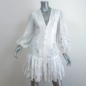 Zimmermann Long Sleeve Mini Dress Mae Ivory Guipure Lace-Trim Linen Size 1 NEW